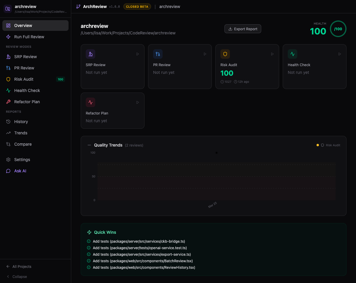 ArchReview project overview dashboard showing quality scores, trends, and quick wins