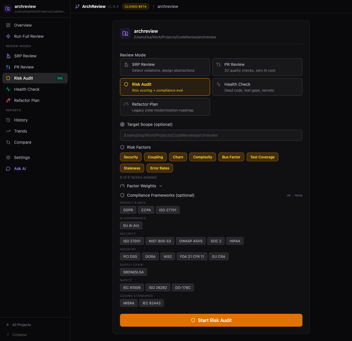 Risk Audit configuration with compliance frameworks and factor weights