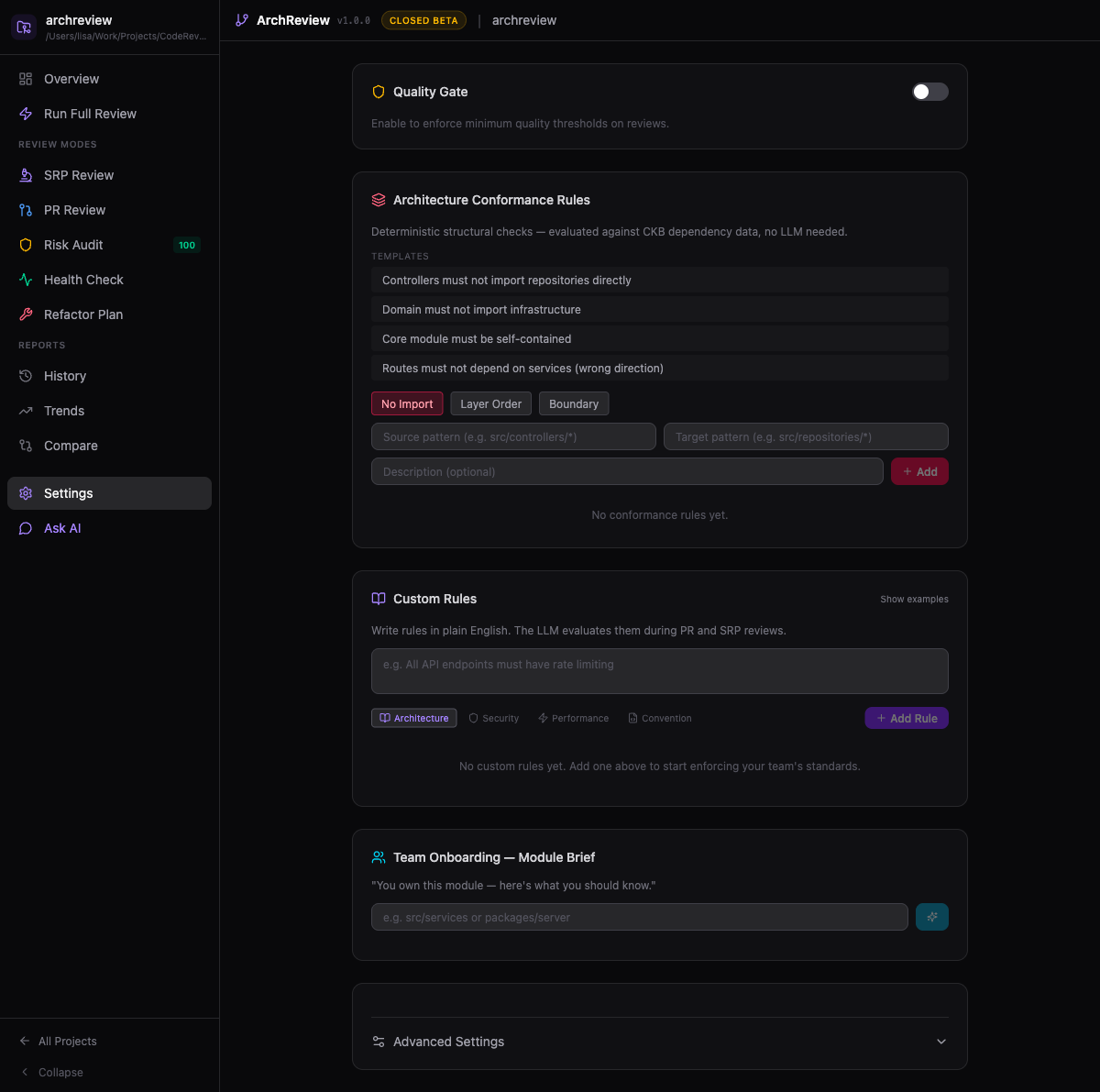 Settings panel with quality gates, architecture rules, and custom rules