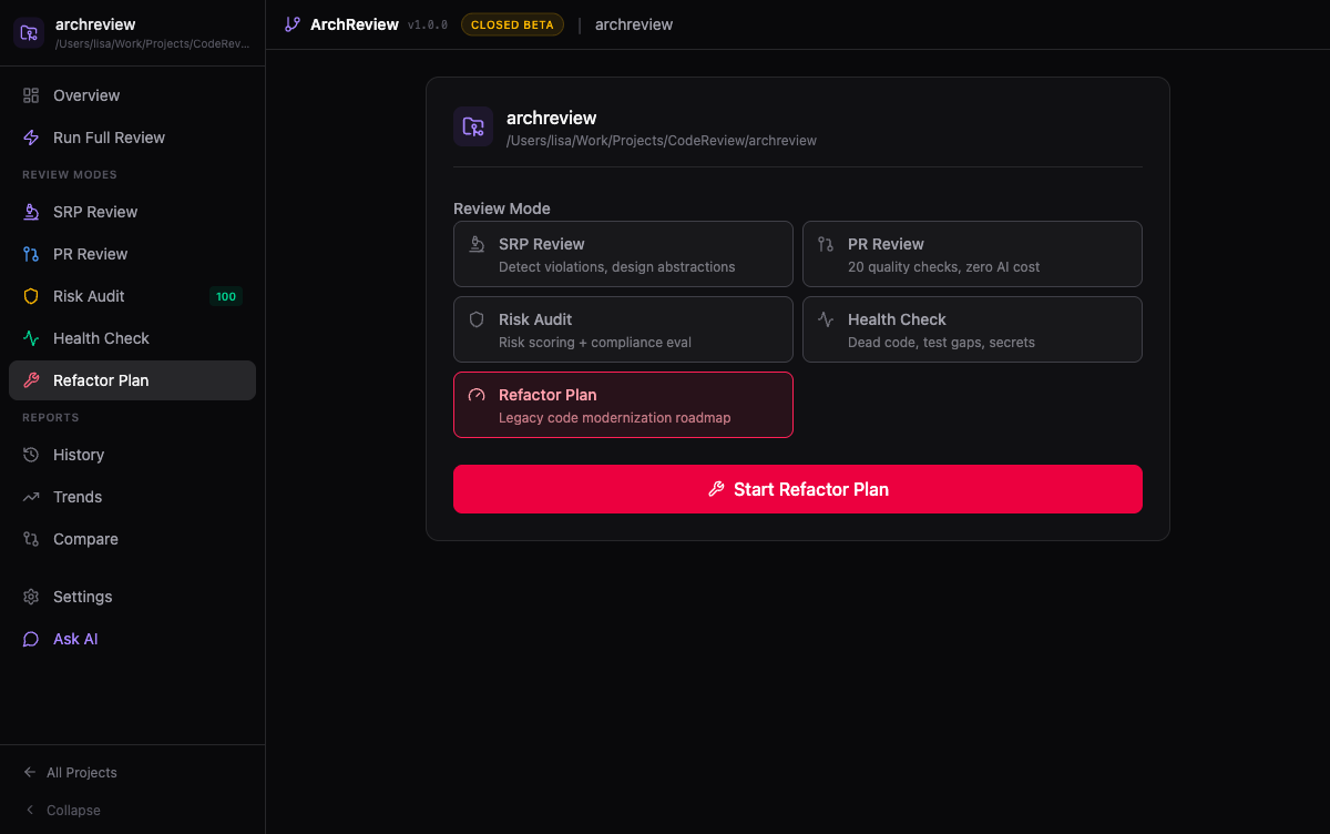 ArchReview mode selection showing all 5 review modes